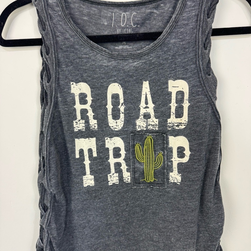 I.O.C Grey Road Trip Cactus Braided Side Tank Top Boho Causal - Picture 3 of 5